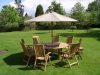 Chunky 1.5m Table & 6 Recliners Chunky 1.5m Table & 6 Recliner | Chairs & 6 Dark Green Cushions / Lazy Susan - 75cm Diameter / Bambrella 3m Red | Parasol / Parasol Base Concrete 32KG